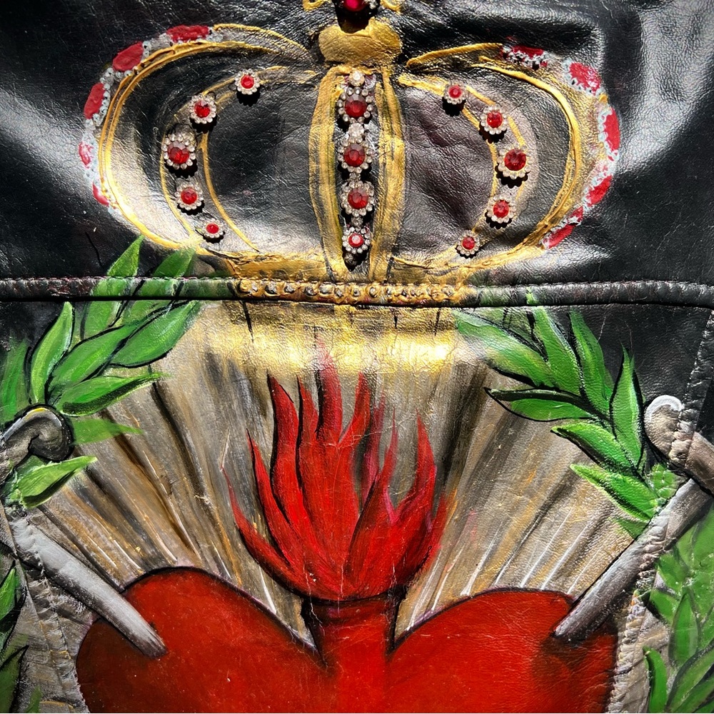Iconic Sacred Heart Painted Leather Jacket L - Picture 2 of 16